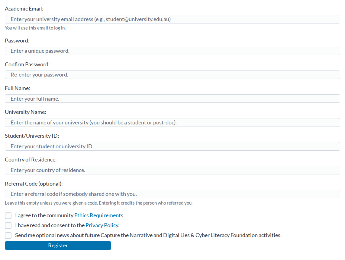 The registration form on the community portal