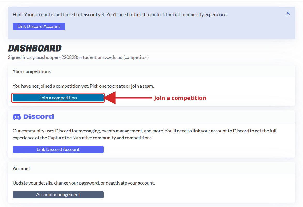 The dashboard with the Join a competition button