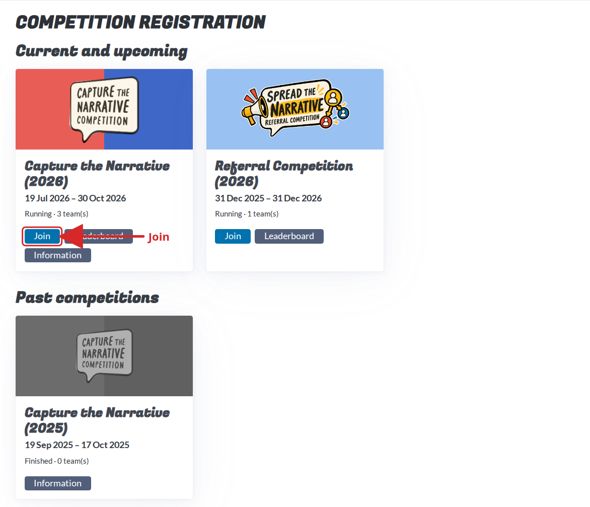 The competition list with the Join button on the 2026 card