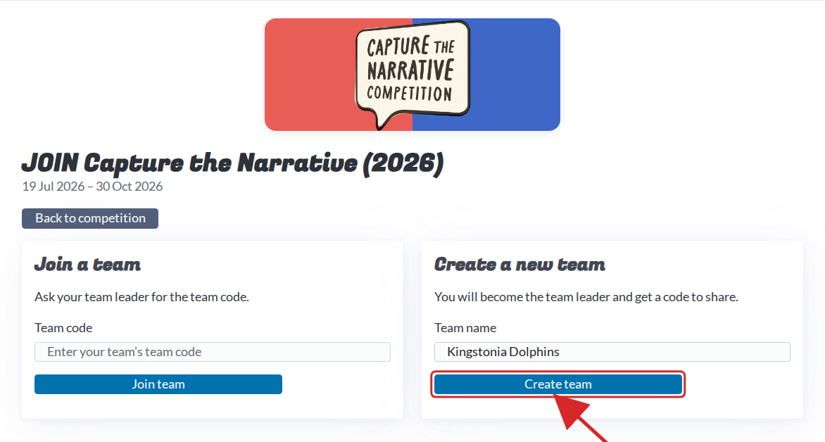 Creating a new team on the join page