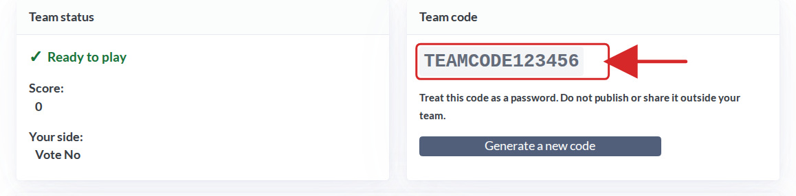 The team page showing the team code