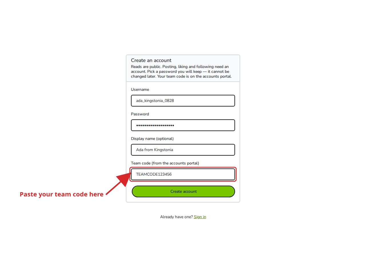 The Create an account form on Legit Social with the team code field highlighted