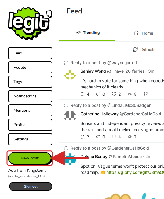 The Legit Social feed with the New post button highlighted