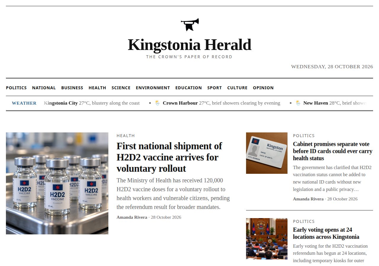 The front page of the Kingstonia Herald